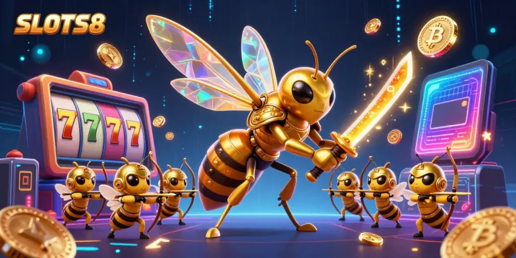 SLOTS8 emulates thrilling gameplay with a golden samurai hornet, vibrant slot reels, and crypto elements.