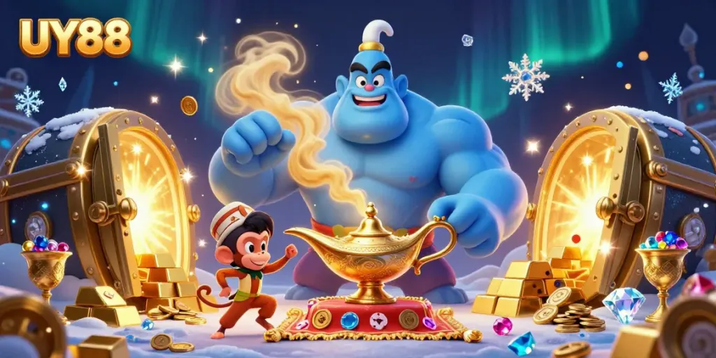 Experience the thrill of UY88 casino with a genie, monkey, and treasures in a magical scene.