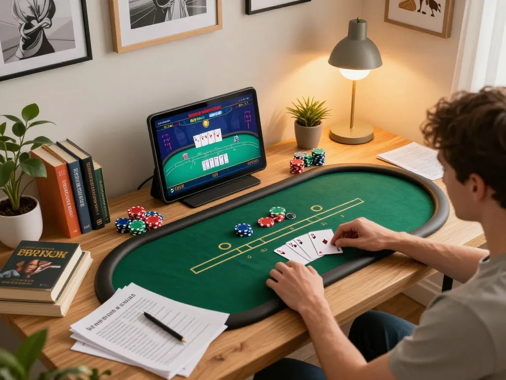 Rikvip player strategizing during an online poker game on a tablet in a cozy home setup.