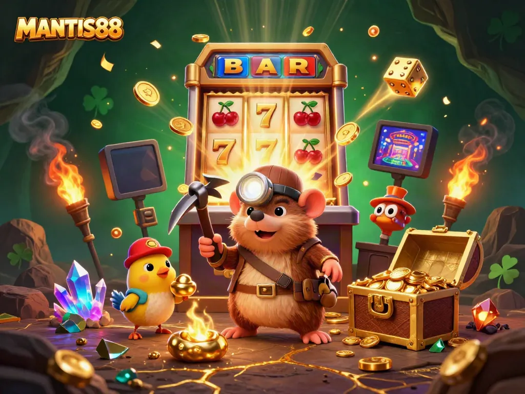 MANTIS88 showcases a vibrant 3D cartoon scene of a mole and canary celebrating casino jackpots.