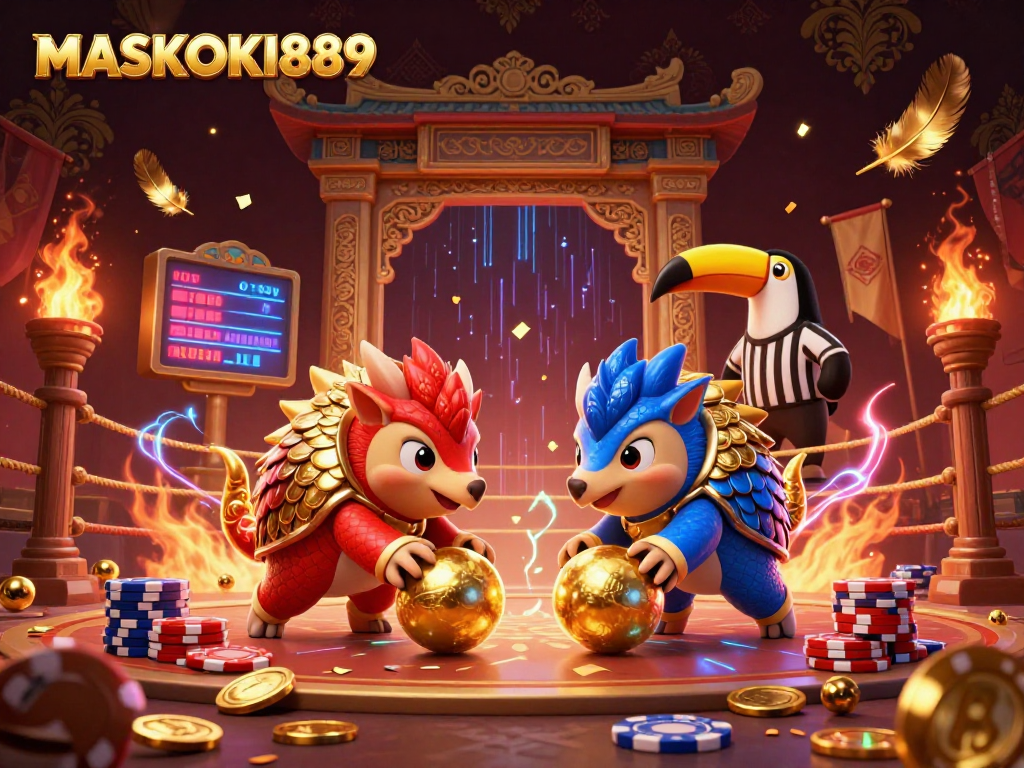 Engage in excitement with MASKOKI889 as rival pangolins roll into golden balls in a vibrant casino scene.