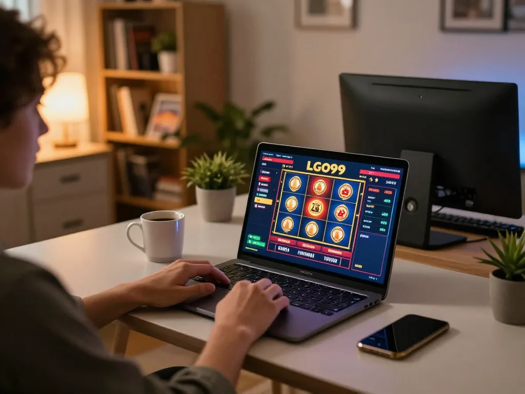 LGO99 player engaging with online casino games on a stylish home desk setup