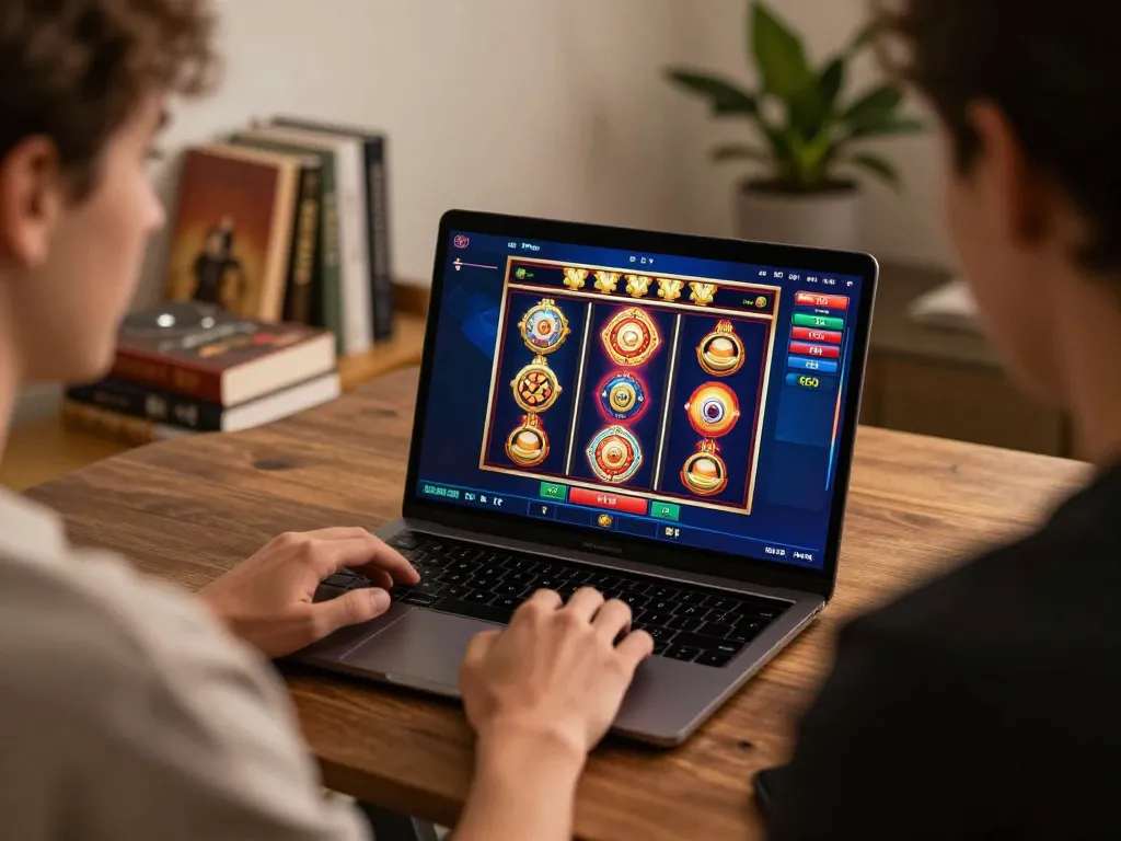 Player engaged in situs slot gacor gameplay on laptop, showcasing online gaming setup.
