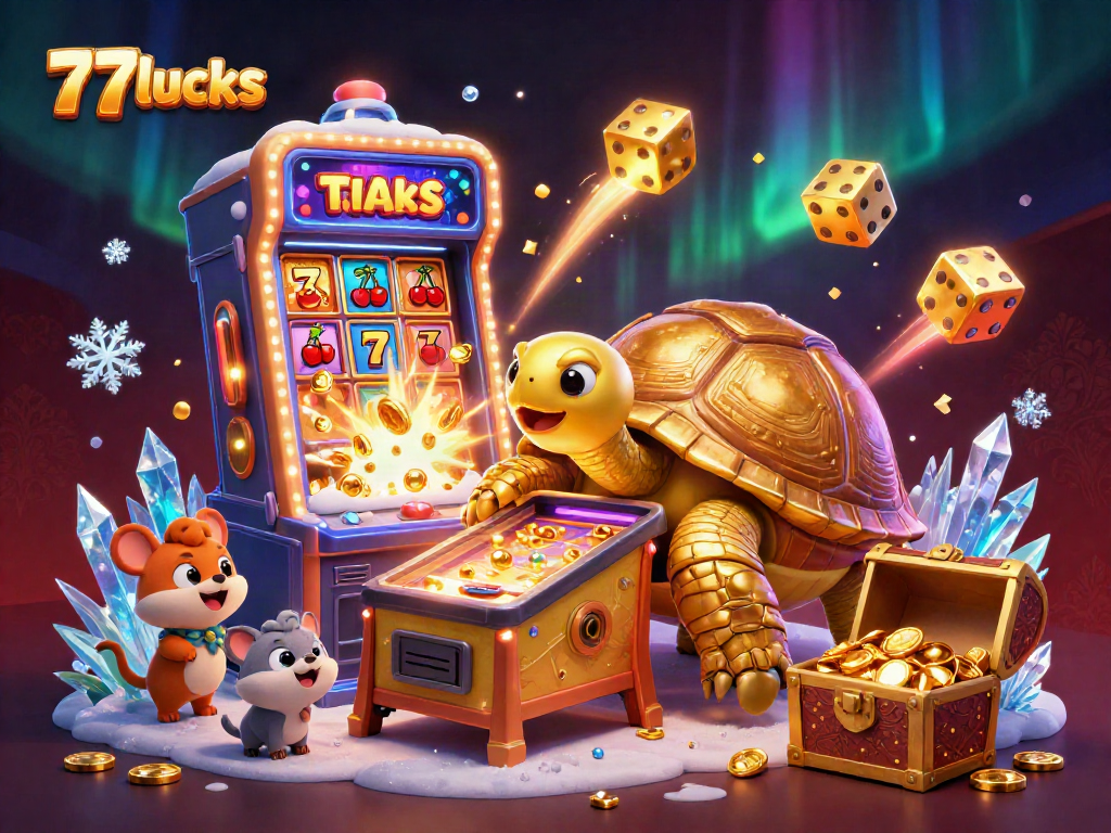 77lucks slot menunjukkan karakter dengan mesin pinball dan banyak emas berkilau, menciptakan suasana kasino yang menggembirakan