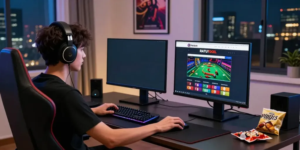 Gamer menggunakan situs ratutogel dengan fokus di ruang gaming modern.
