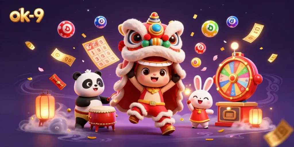 Experience the excitement at ok-9 with vibrant lottery elements and animated characters in a lively casino setting.