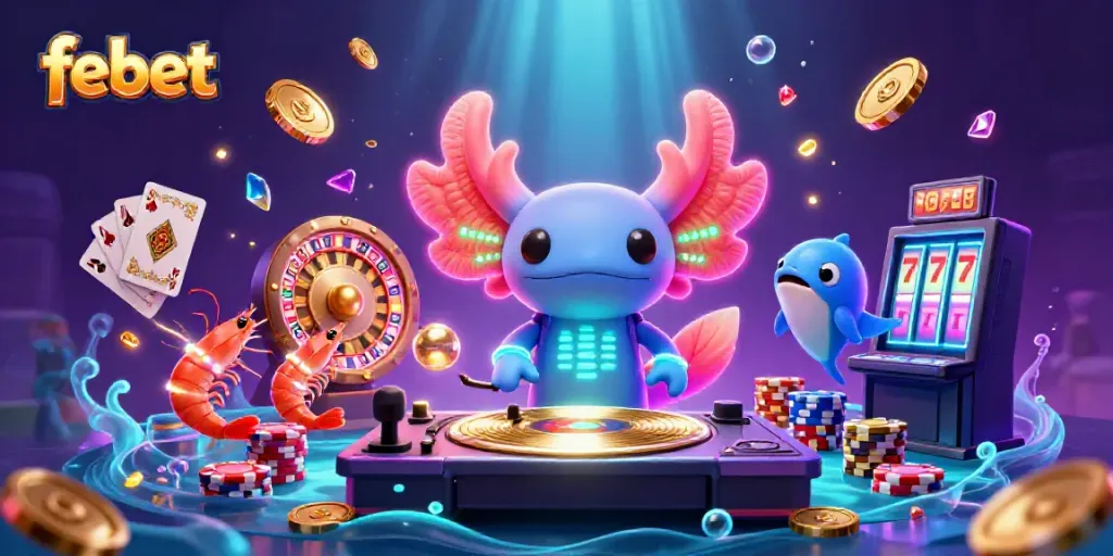 Experience thrilling gaming action with febet in this vibrant 3D underwater casino scene.