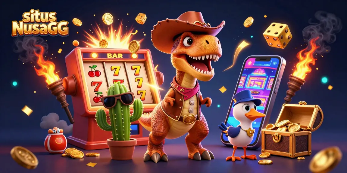 Experience thrilling slots action with situs NusaGG, featuring a dinosaur and vibrant gaming elements.