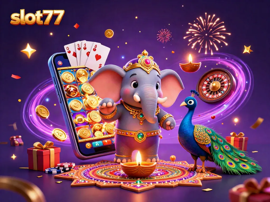 Merayakan slot777 dengan gajah dan burung merak dikelilingi oleh simbol keberuntungan dan permainan slot.