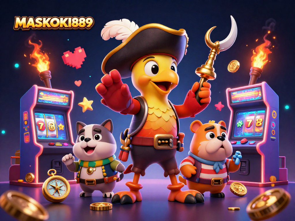 Engage in exciting gameplay with MASKOKI889's vibrant gaming scene featuring lively characters and casino-themed elements.