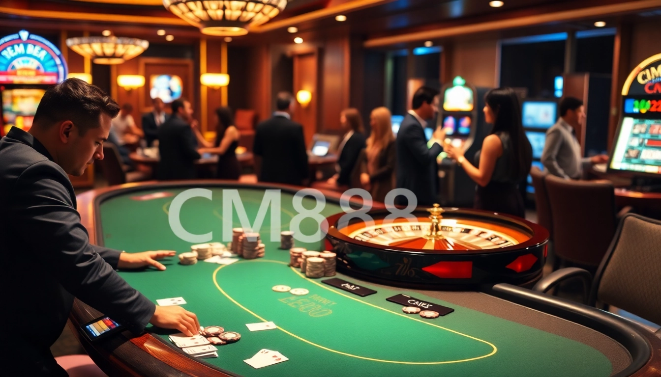 Experience the thrill of winning at CM8888-themed poker tables in a luxurious casino setting.