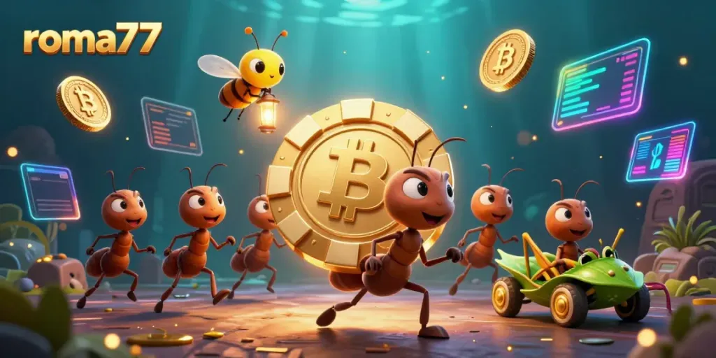 Grafis romansa roma77 dengan karakter kartun mencuri chip poker emas di dunia digital.