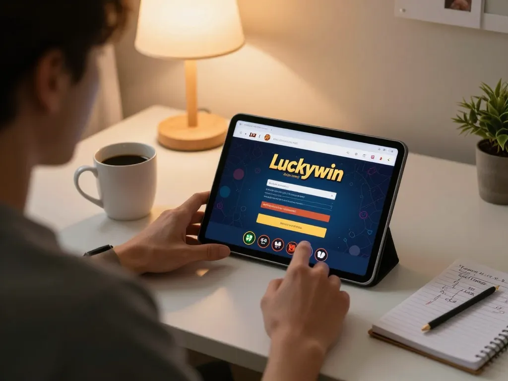Engaging in Đăng nhập Luckywin via tablet for online gaming strategy in a cozy home setting.