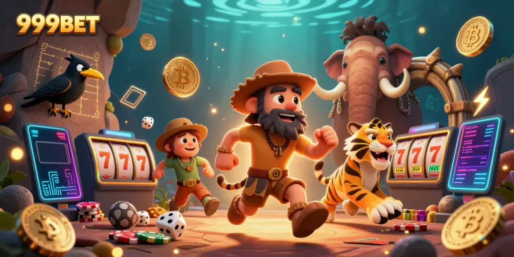 Engage with 999BET, where a prehistoric duo manages a casino surrounded by vibrant crypto elements and excitement.