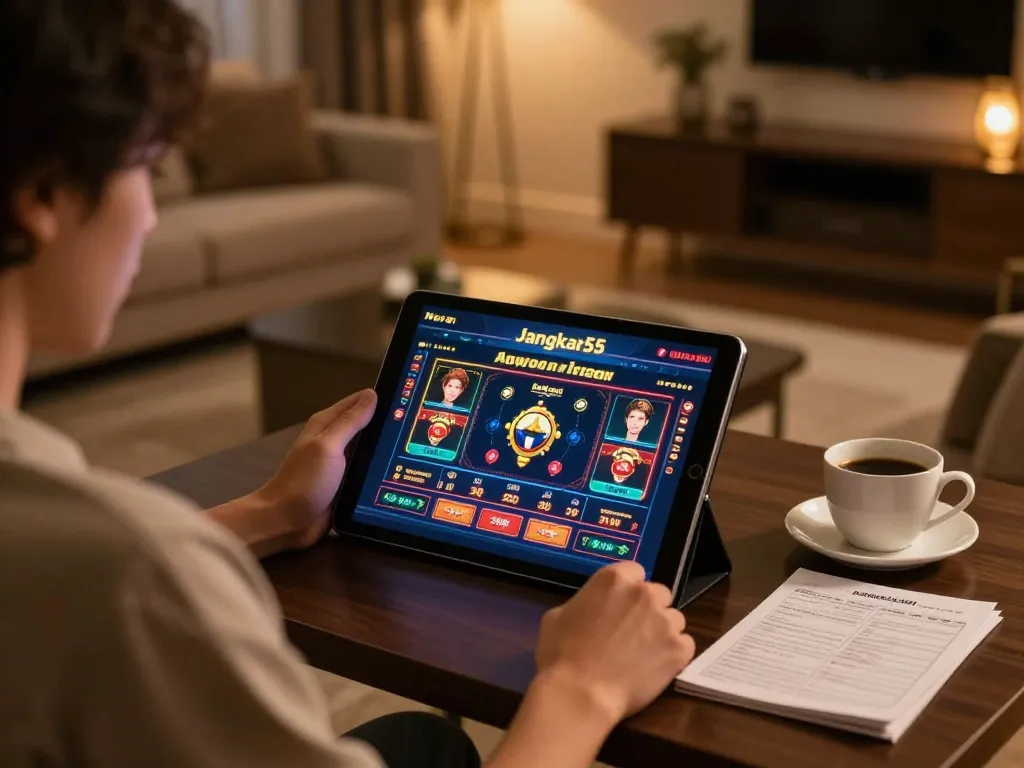 Engaging with the jangkar55 online casino on a tablet in a cozy home environment.