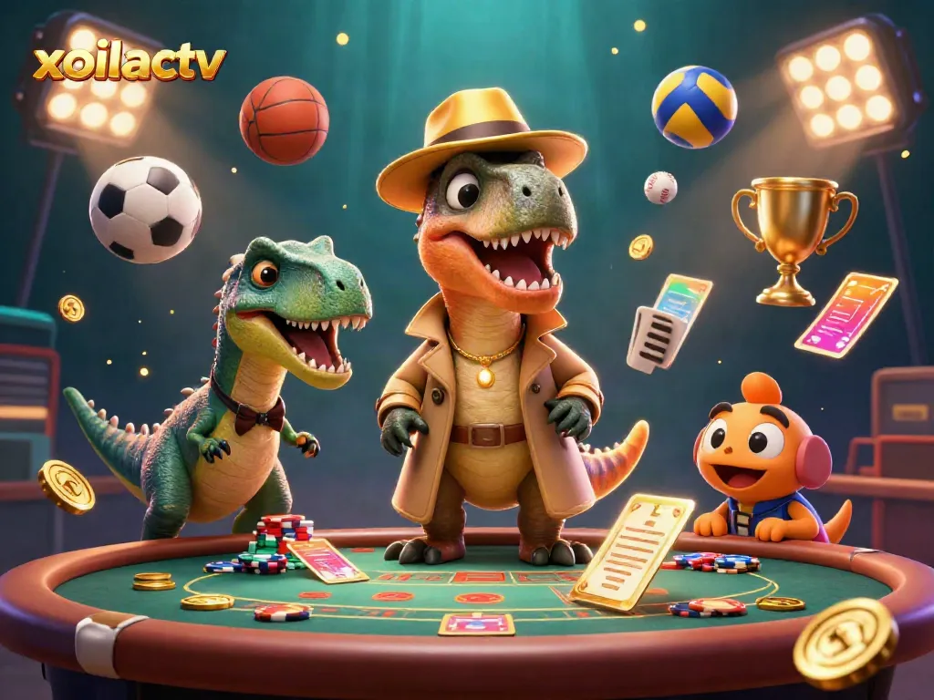 Experience exciting action at xoilactv with cartoon velociraptor card counter and sports elements.