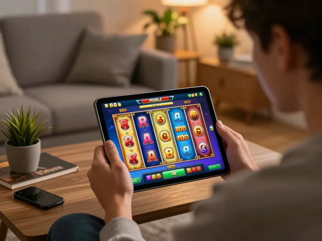 Engaging experience of playing slot Thailand games on a tablet in a cozy home setting