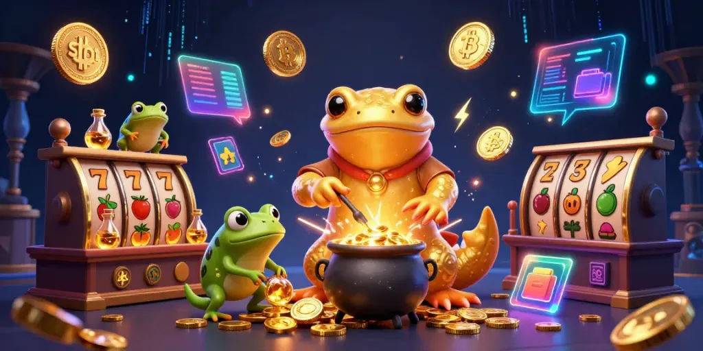 Experience thrilling slot gaming as golden characters transmute coins amidst vibrant casino elements.