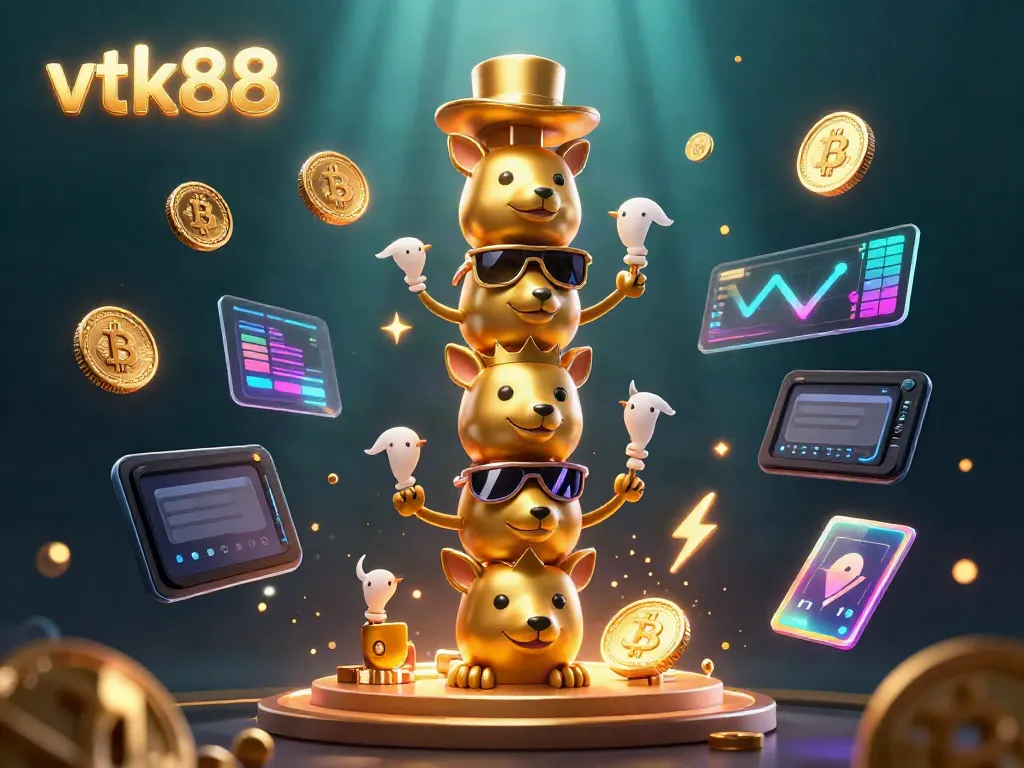 Bet on winnings at vtk88 with vibrant 3D casino illustration showcasing games and crypto elements.