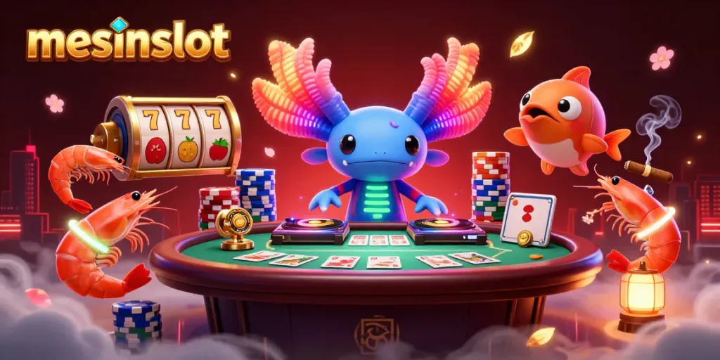 Watch the vibrant mesinslot scene with a neon axolotl DJ spinning fruit reels at a packed casino.