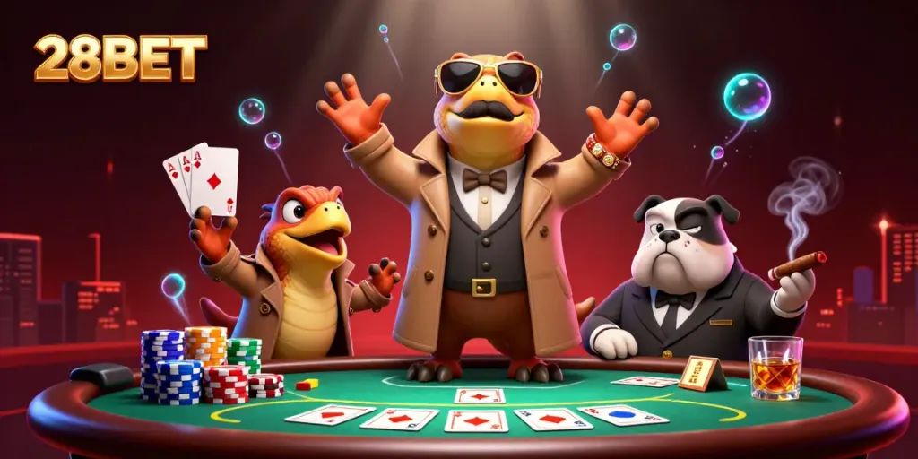 Engage in thrilling betting action at 28BET with playful raptors in a dynamic casino scene.