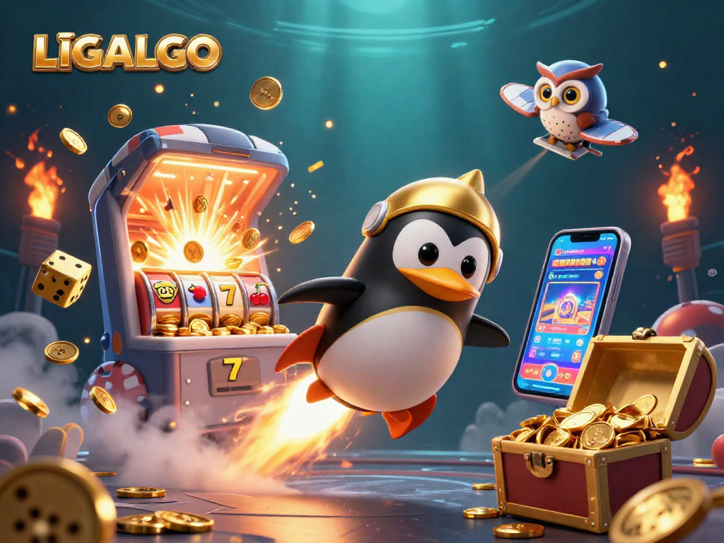 LIGALGO's rocket-powered penguin navigates a casino-themed space, amid jackpot bursts and vibrant symbols.