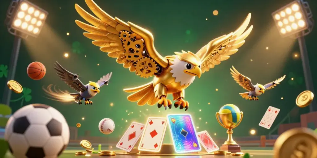 Engage in thrilling betting action with u88, featuring a cybernetic eagle amidst dynamic sports elements.