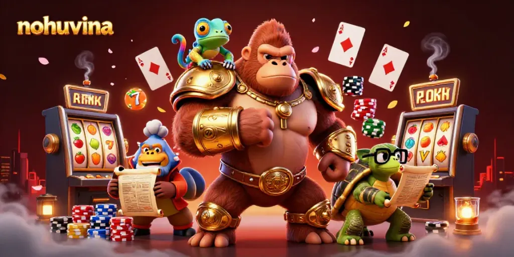 Experience the excitement of nohuvina with a vibrant scene showcasing a golden-armored gorilla and chameleon amidst dynamic slot elements.