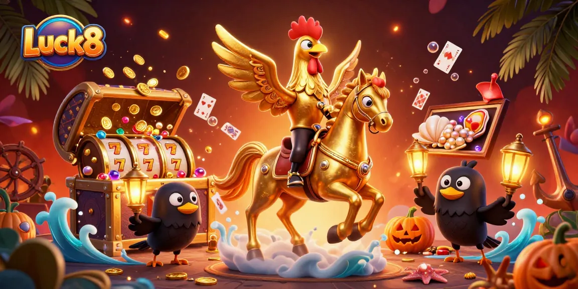 Luck8 brings excitement alive in a dynamic casino scene full of gold, slots, and vibrant characters.