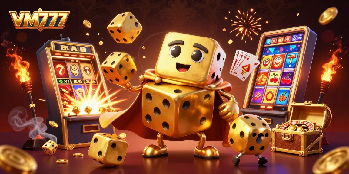Experience the thrill of VM777 with golden dice and dynamic casino elements in an immersive 3D scene.