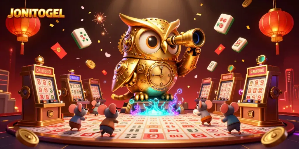 Experience the magic of JONITOGEL's online lottery with a dazzling casino scene full of whimsical characters.