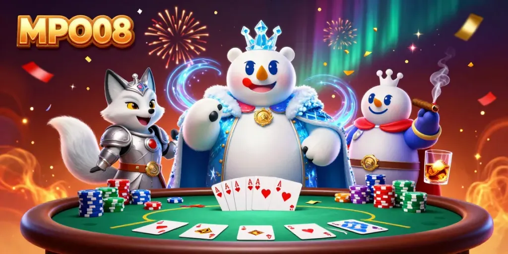 Join the excitement with MPO08 as the ice king polar bear and snow fox celebrate at a vibrant poker table.