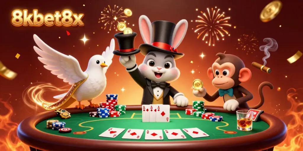 Experience thrilling moments with 8xbet8x in this vibrant 3D casino scene featuring magical characters and rich game elements.
