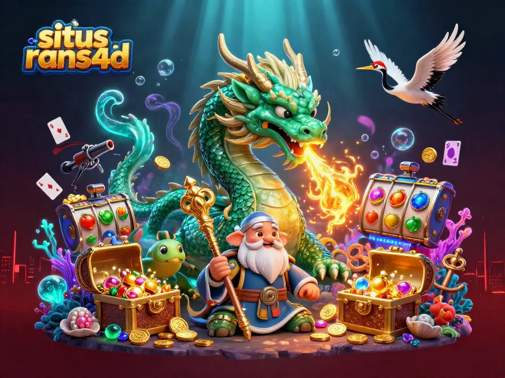 Mengalami keseruan situs rans4d dengan naga emas dan simbol slot dinamis di bawah laut.
