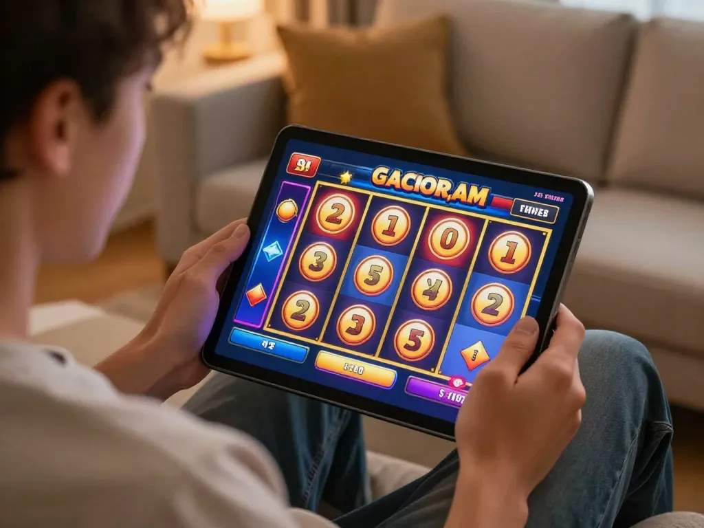 Engaging player enjoying slot gacor games on a tablet in a cozy home setting, focusing on responsible gaming.