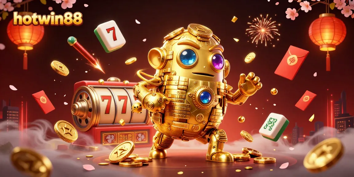 Engage with exciting gameplay at hotwin88, featuring a dynamic casino scene with a golden golem and vibrant slot elements.