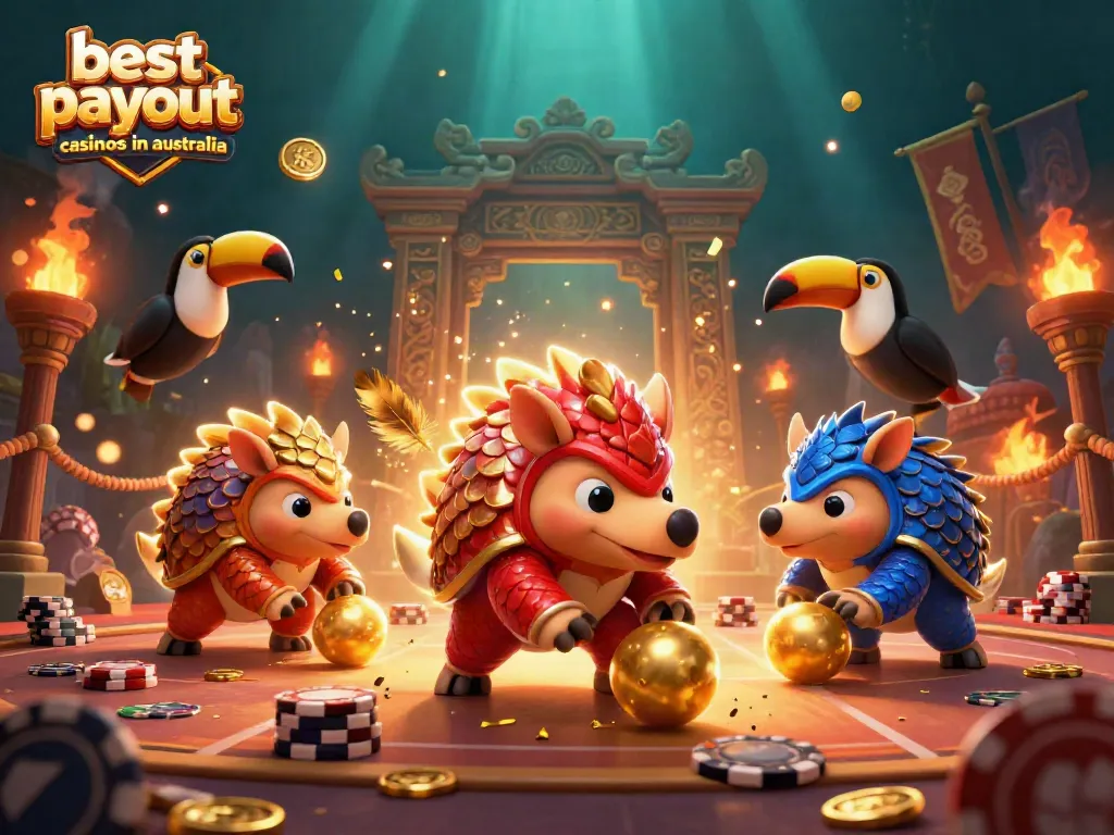Engaging scene of pangolins in colorful armor rolling golden balls at best payout casinos in Australia with dynamic casino elements.