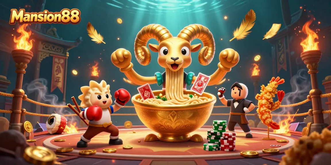 Engage with exciting games at Mansion88, featuring dynamic action and colorful characters in a vibrant casino scene.