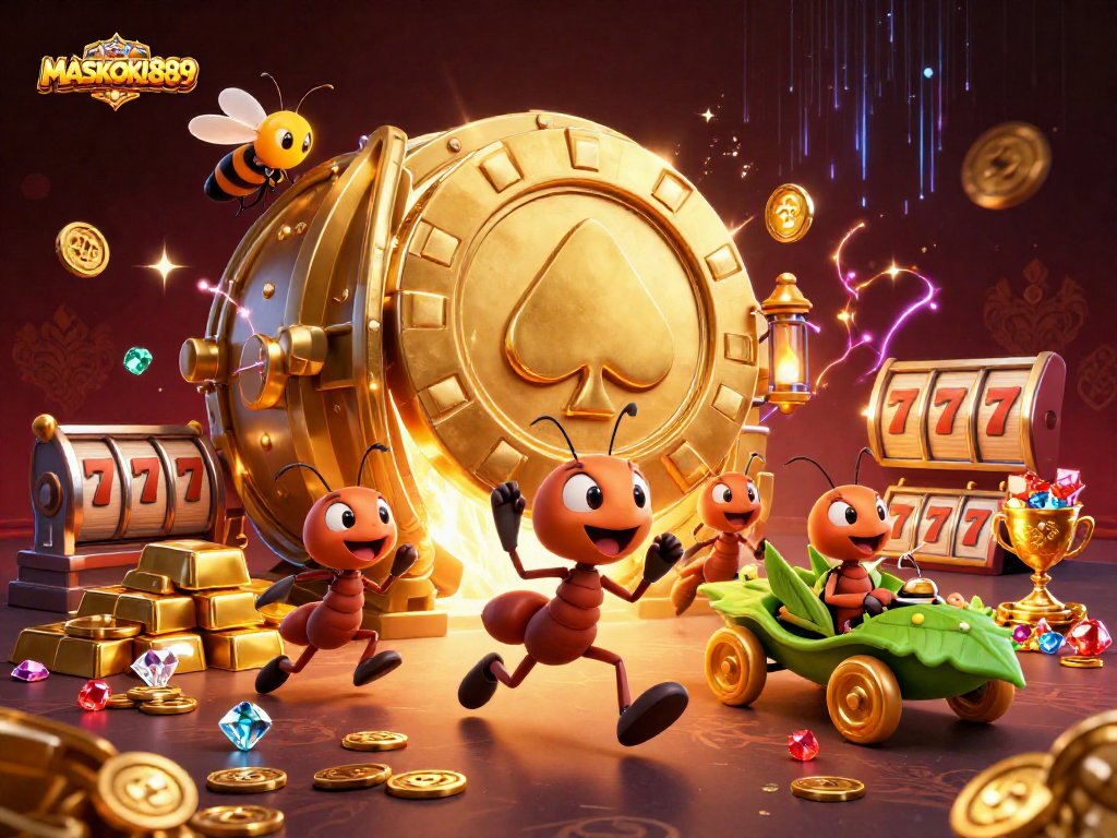 Experience the thrill of gaming at MASKOKI889 as ants execute an epic heist with poker chips and gold!