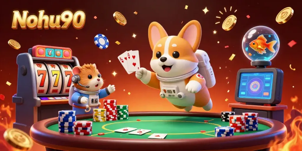 Experience Nohu90's exciting casino atmosphere with a cartoon corgi astronaut amidst drifting coins and slot reels.