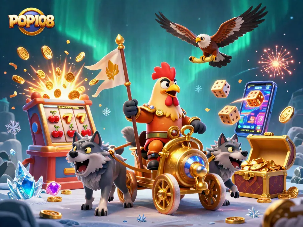 Mainkan POP108 dalam ilustrasi RPG dengan kereta emas dan mesin slot jackpot.