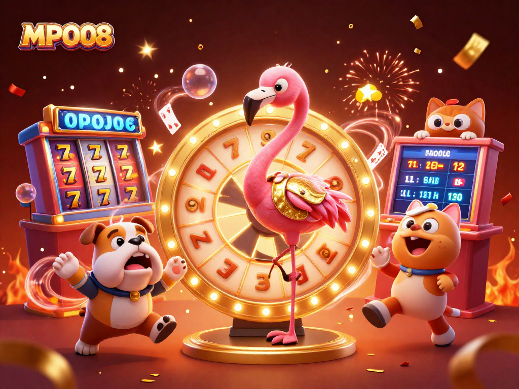 MPO08 highlights exciting wins with a game show scene showcasing a flamingo, bulldog, and cat surrounded by slot machines.