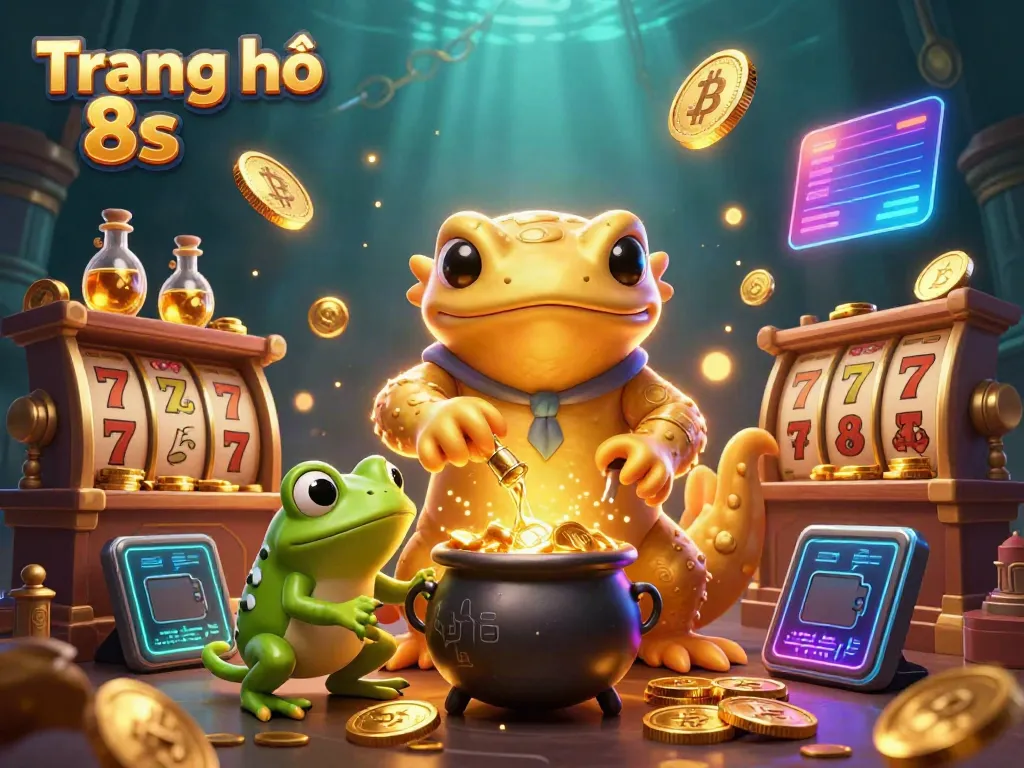 Engage in gaming excitement at Trang chủ 8s with a rich casino illustration featuring a golden salamander and vibrant slot symbols.