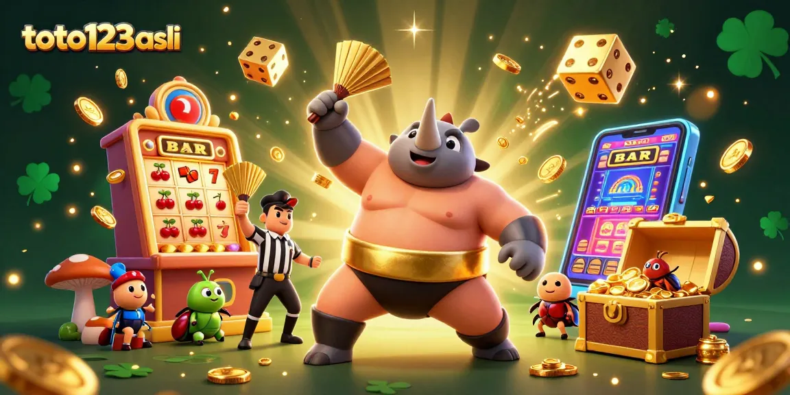 Toto123 asli showcases a dynamic scene with a beetle champion and vibrant casino elements, capturing the excitement of online gambling.