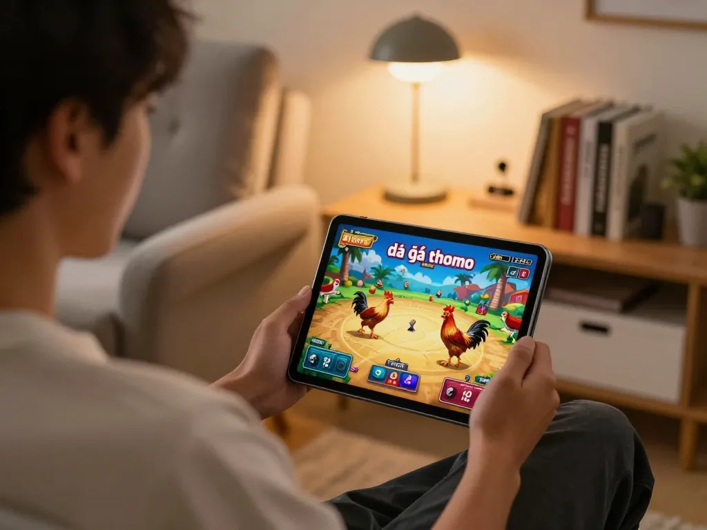 Tham gia đá gà thomo HD trên một chiếc máy tính bảng, trình chiếu các trận đấu trực tiếp trong một không gian ấm cúng tại nhà.