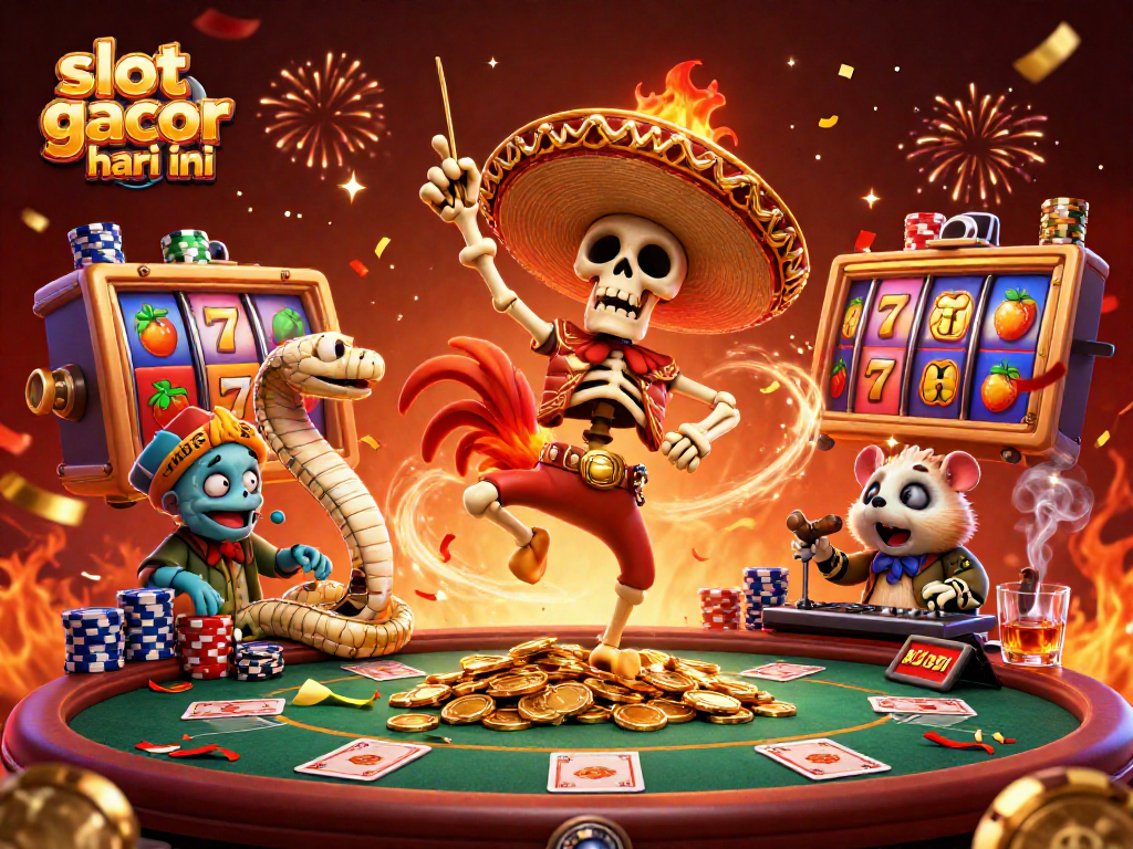 Gambarkan slot gacor hari ini dengan karakter yang meriah dan elemen kasino penuh warna.