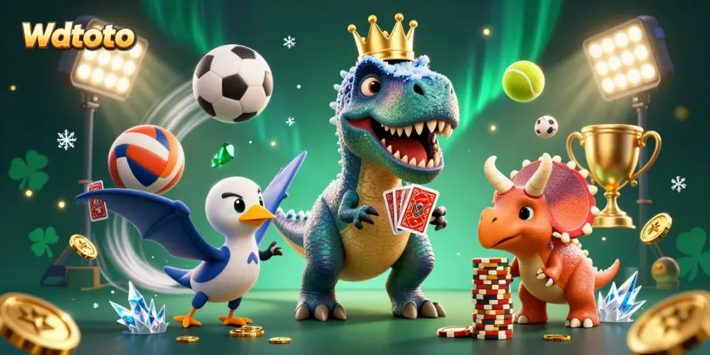 Wdtoto menawarkan pengalaman judi menarik dengan kartun kreatif T-Rex dan pterodactyl, dalam suasana kasino yang meriah.
