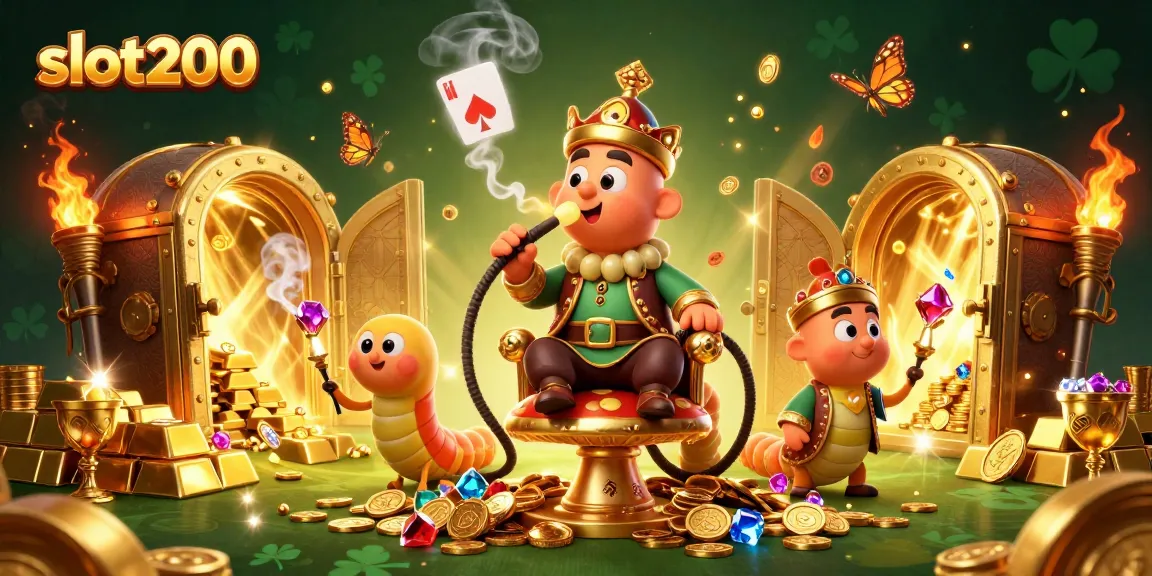 Slot200 mempersembahkan ilustrasi kasino yang penuh warna dengan karakter unik di tengah kekayaan.