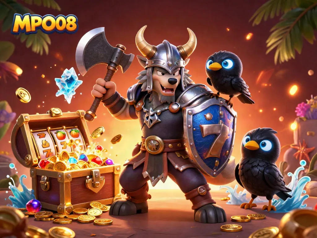 MPO08 showcases a dynamic scene with engaging gaming elements including slot reels and vibrant characters.