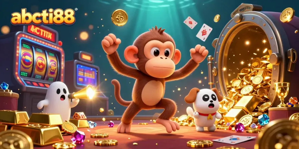 abcti88 showcase where a playful poltergeist monkey juggles gold while a curious puppy tracks it in a vibrant casino.